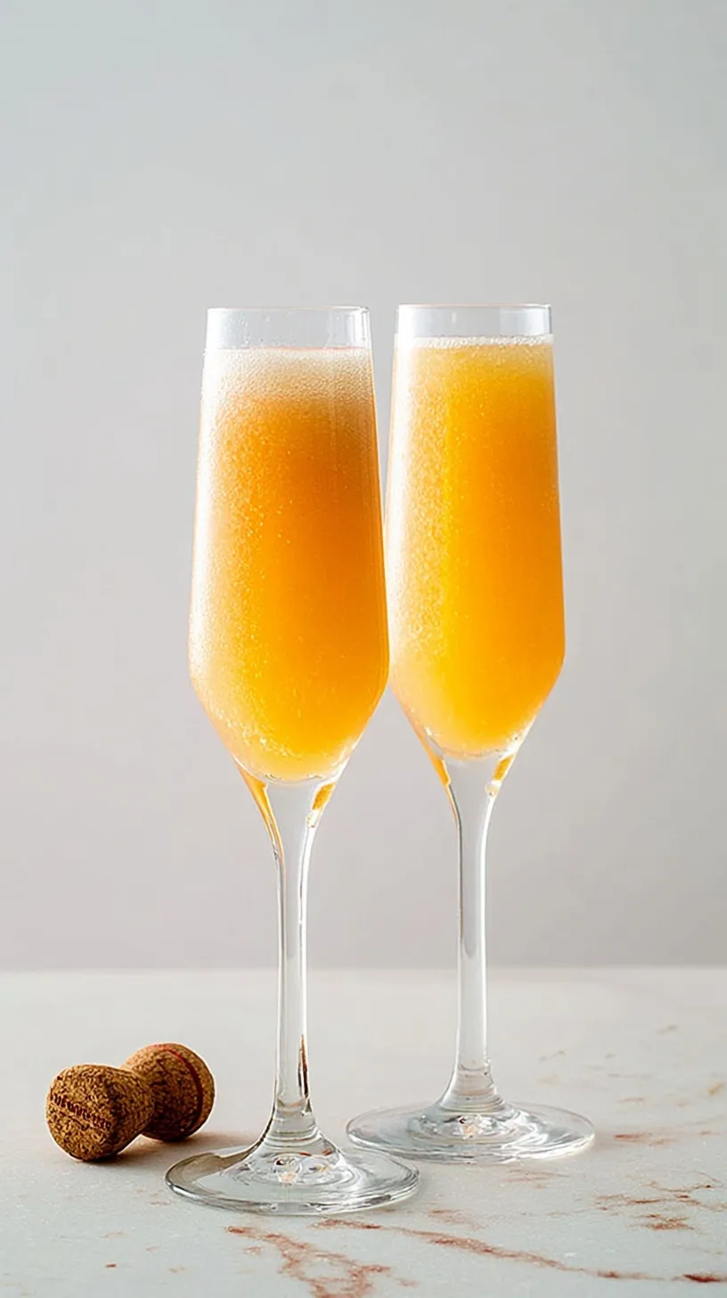 A chilled champagne flute filled with a pale pink Bellini and garnished with a fresh peach slice.