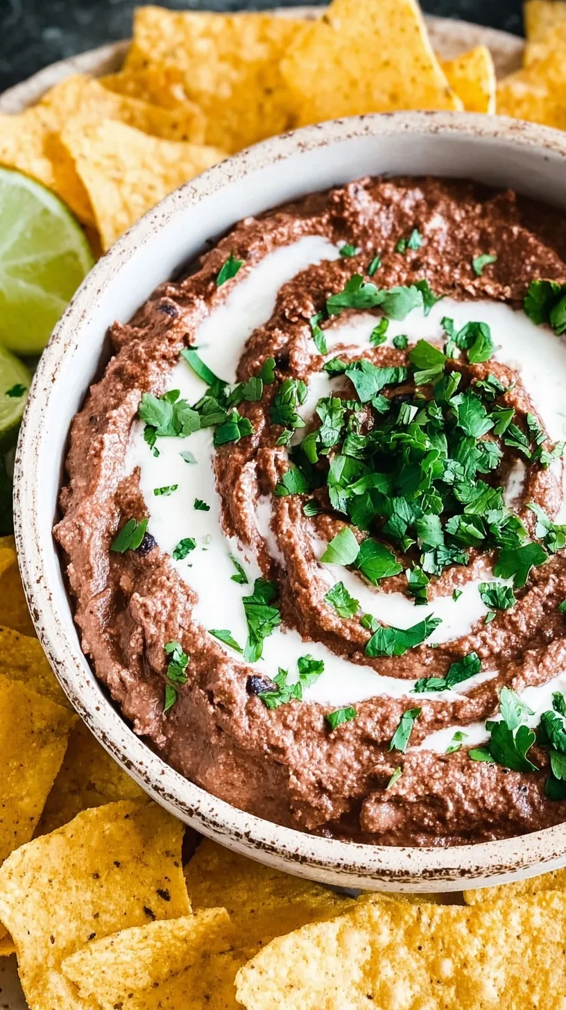 A bowl of smooth black bean dip topped with fresh cilantro and served with lime wedges.