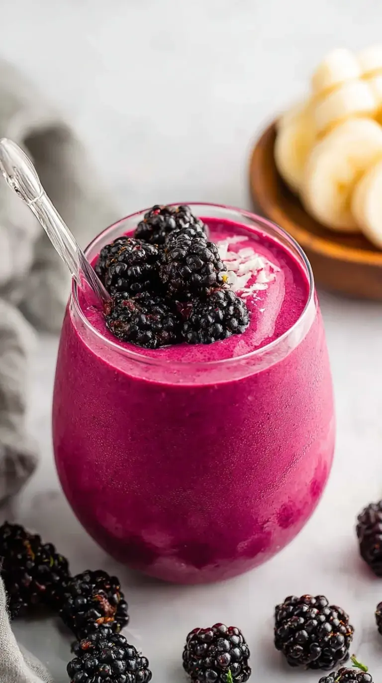 A vibrant purple blackberry smoothie in a tall glass with fresh berries on top.