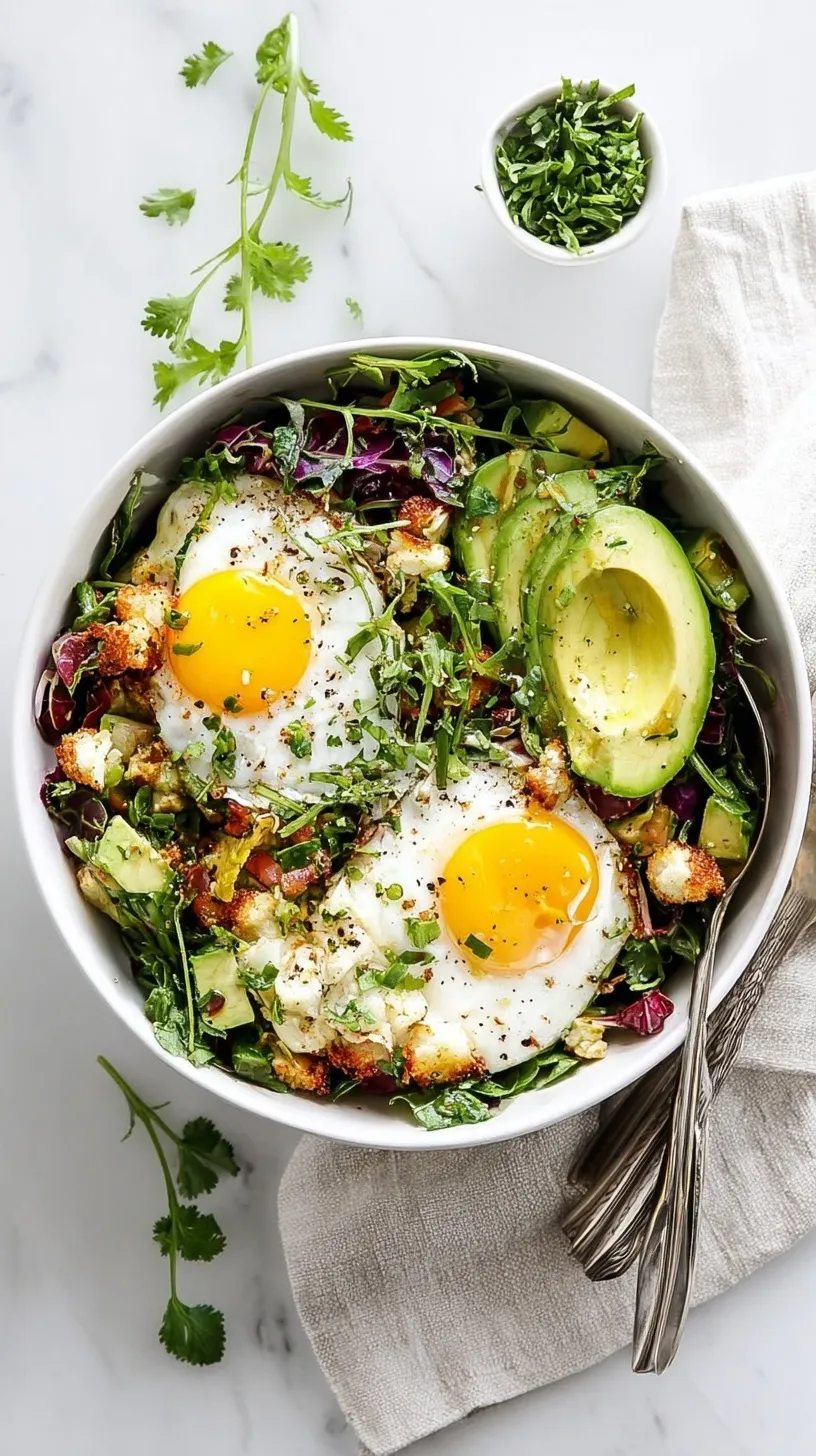 A fresh breakfast salad with soft boiled eggs, sliced avocado, cherry tomatoes and crispy bacon on a bed of arugula.