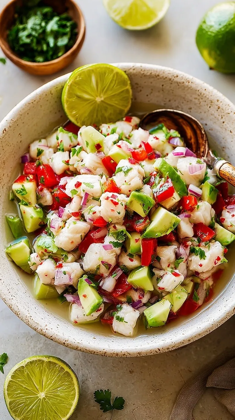 A glass bowl of fresh white fish ceviche with lime, red onion, and cilantro
