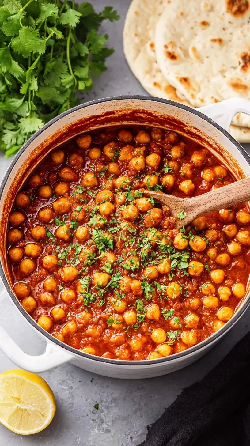 A bowl of steaming Easy Chana Masala garnished with fresh cilantro and served with a side of basmati rice.