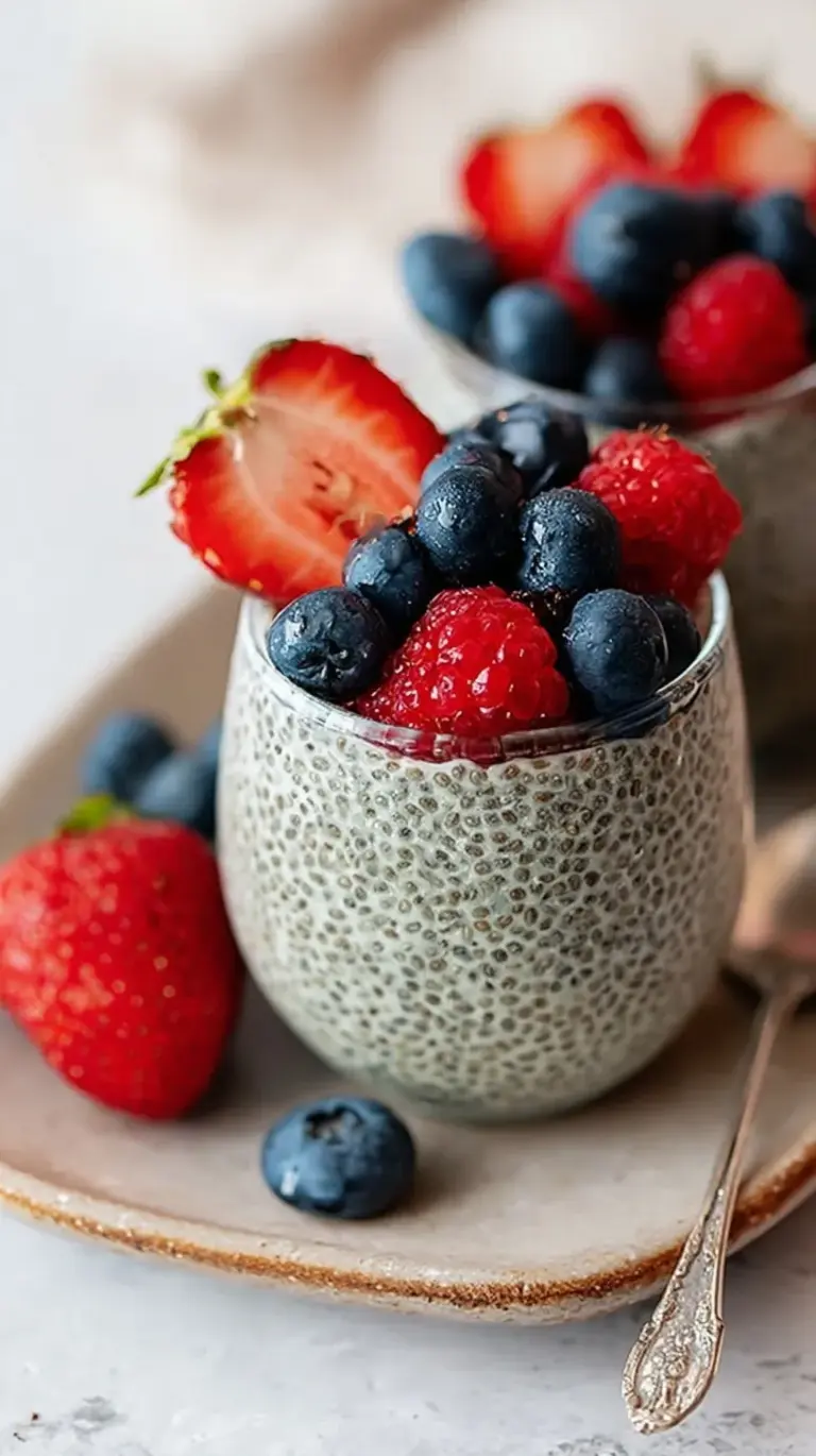 A glass jar of creamy chia pudding topped with fresh spring berries and a drizzle of honey.