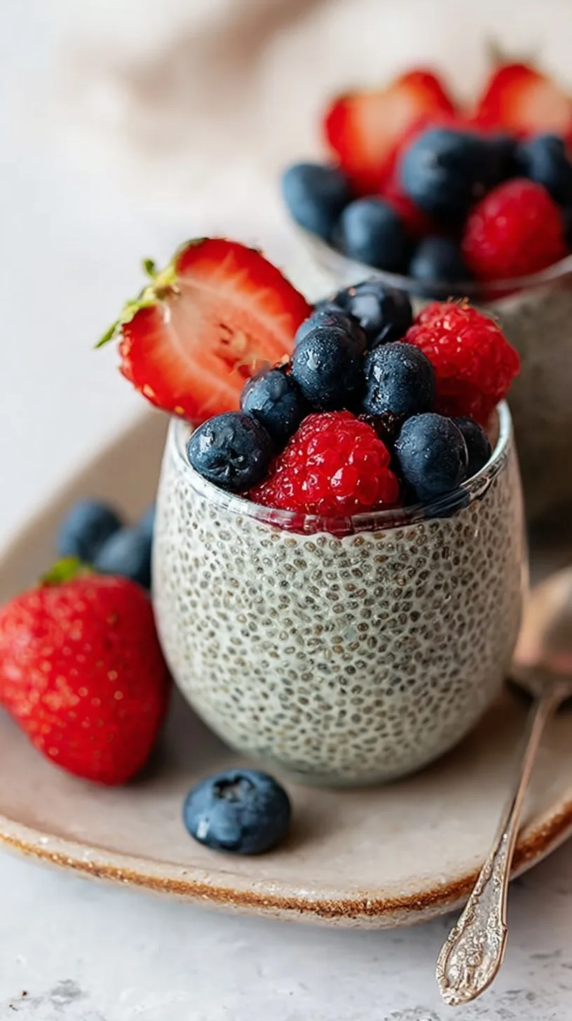 A glass jar of creamy chia pudding topped with fresh spring berries and a drizzle of honey.