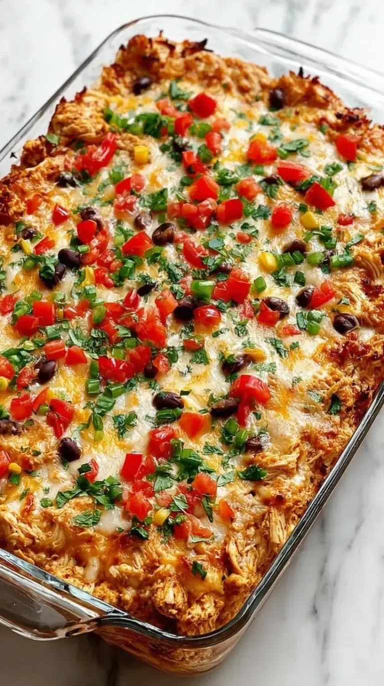A golden, cheesy chicken burrito casserole in a baking dish topped with cilantro and sour cream