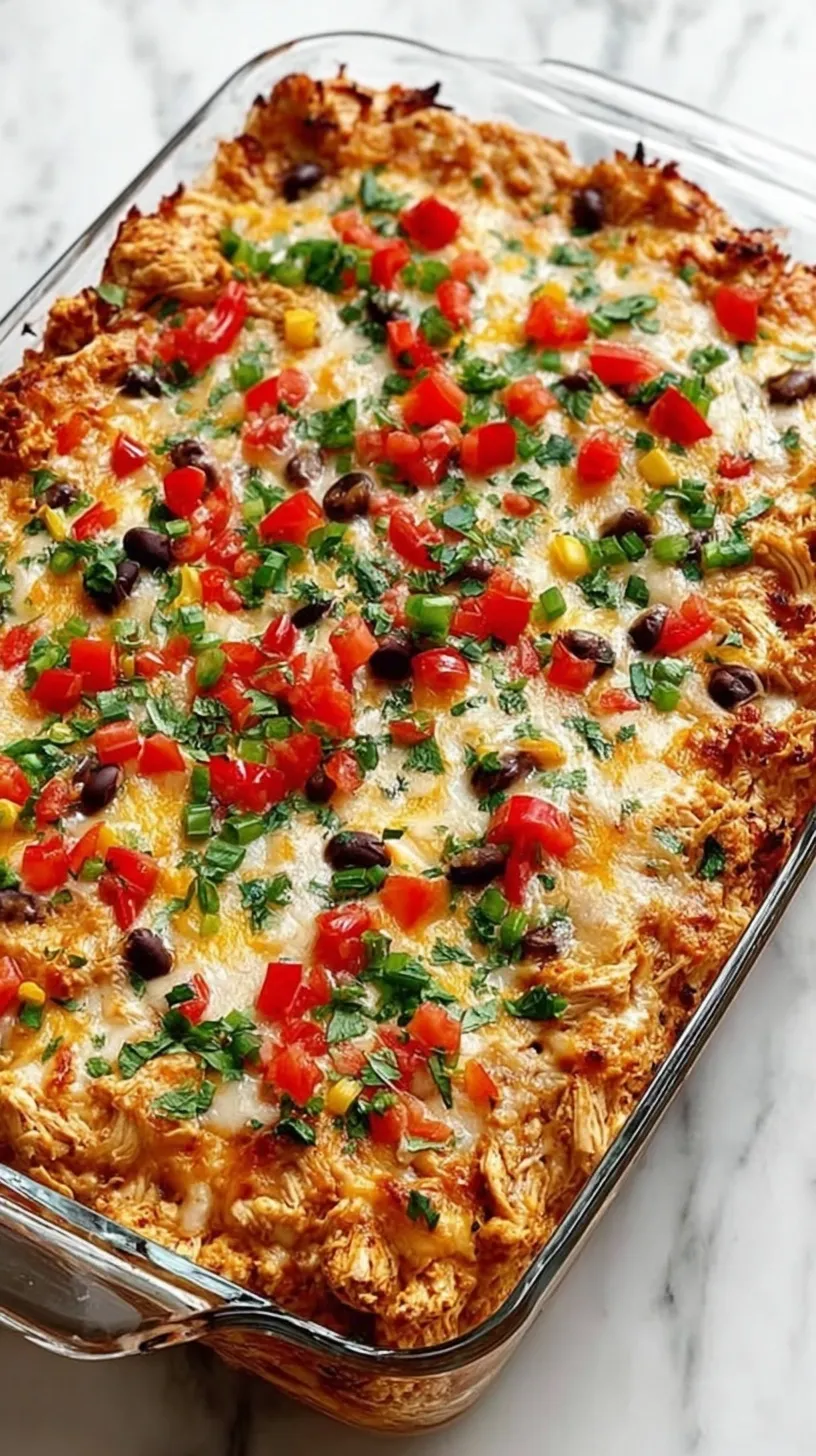 A golden, cheesy chicken burrito casserole in a baking dish topped with cilantro and sour cream