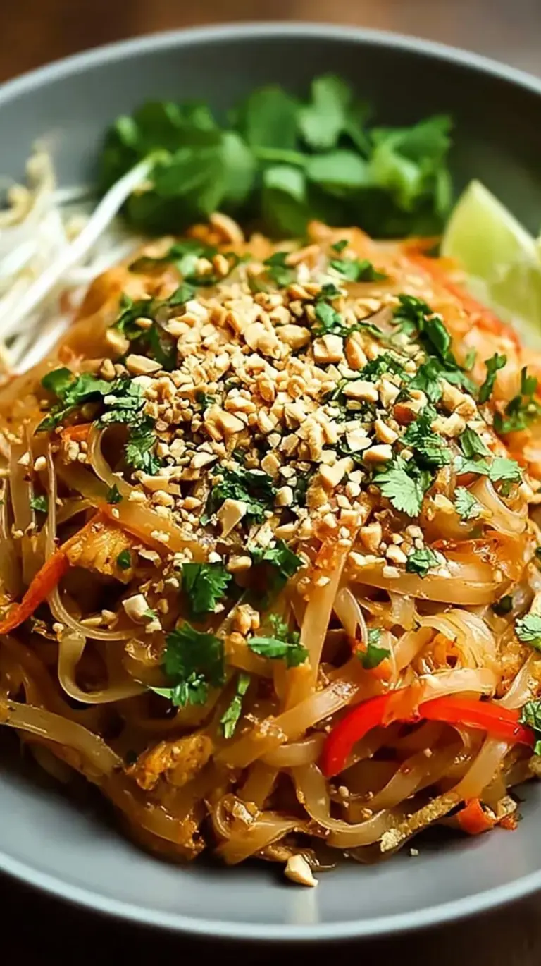 A plate of fresh chicken pad thai topped with crushed peanuts and lime wedges