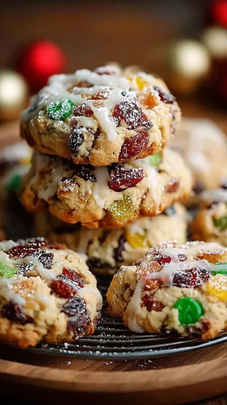 A tray of colorful Christmas fruitcake cookies with candied fruit and pecans on a cooling rack.