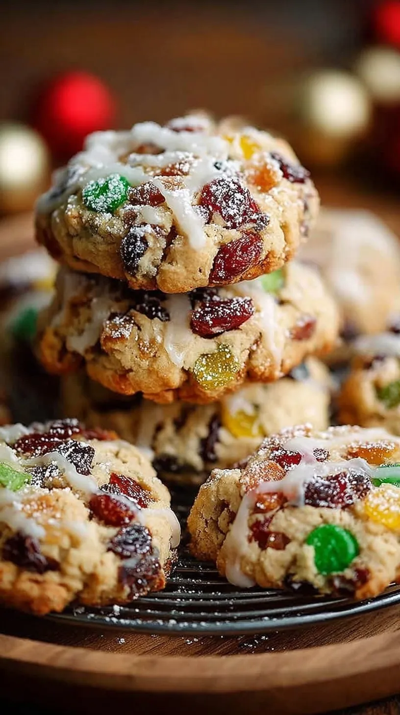 A tray of colorful Christmas fruitcake cookies with candied fruit and pecans on a cooling rack.