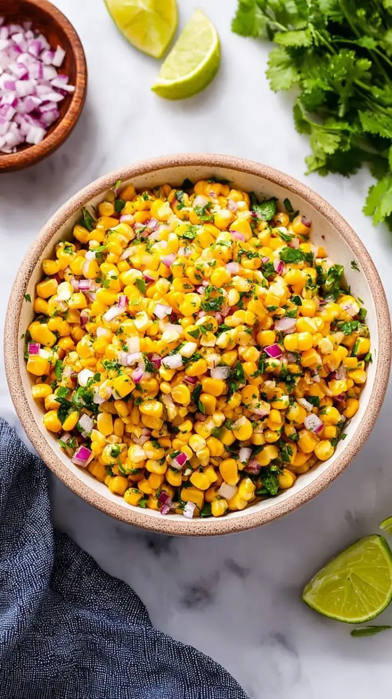 A bowl of fresh white corn salsa with roasted poblano peppers, red onion, and cilantro.