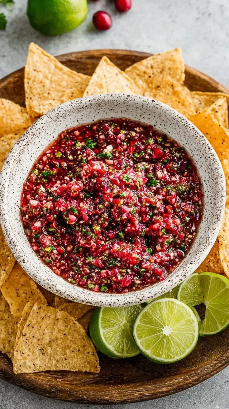 Vibrant red cranberry salsa served over a block of white cream cheese on a platter with crackers.