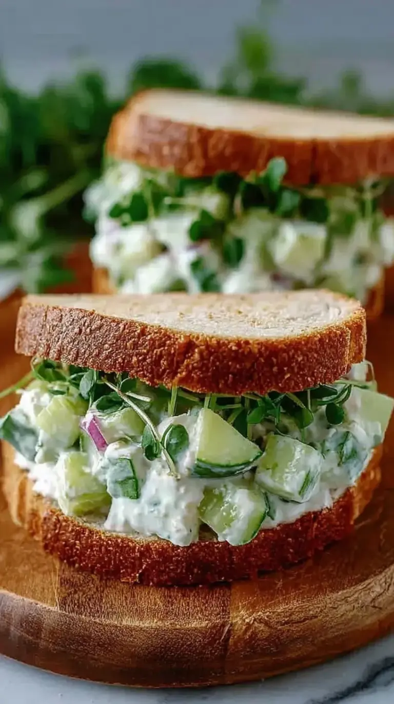 Small triangular cucumber salad sandwiches stacked on a white plate with fresh dill garnish