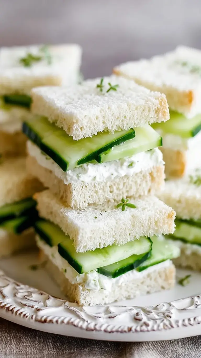 Platter of crustless cucumber sandwiches with fresh dill and cream cheese on white bread.