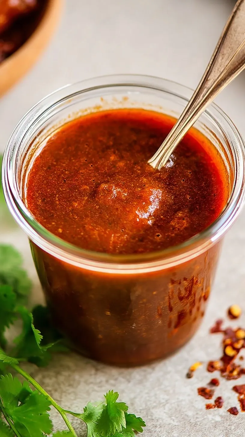 A small saucepan filled with vibrant red homemade enchilada sauce and a whisk