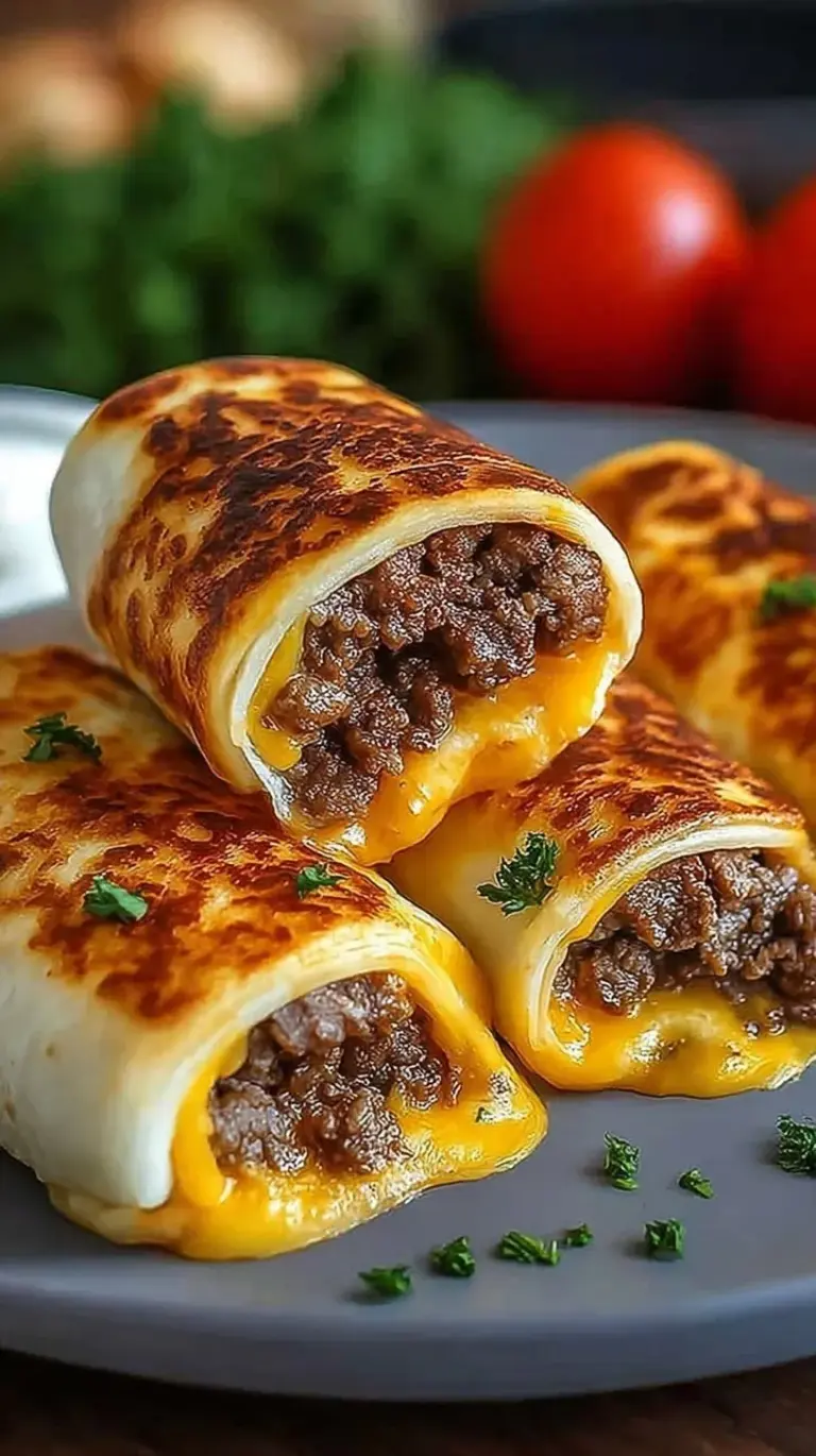 Golden brown cheeseburger rollups on a baking sheet brushed with garlic butter and parsley
