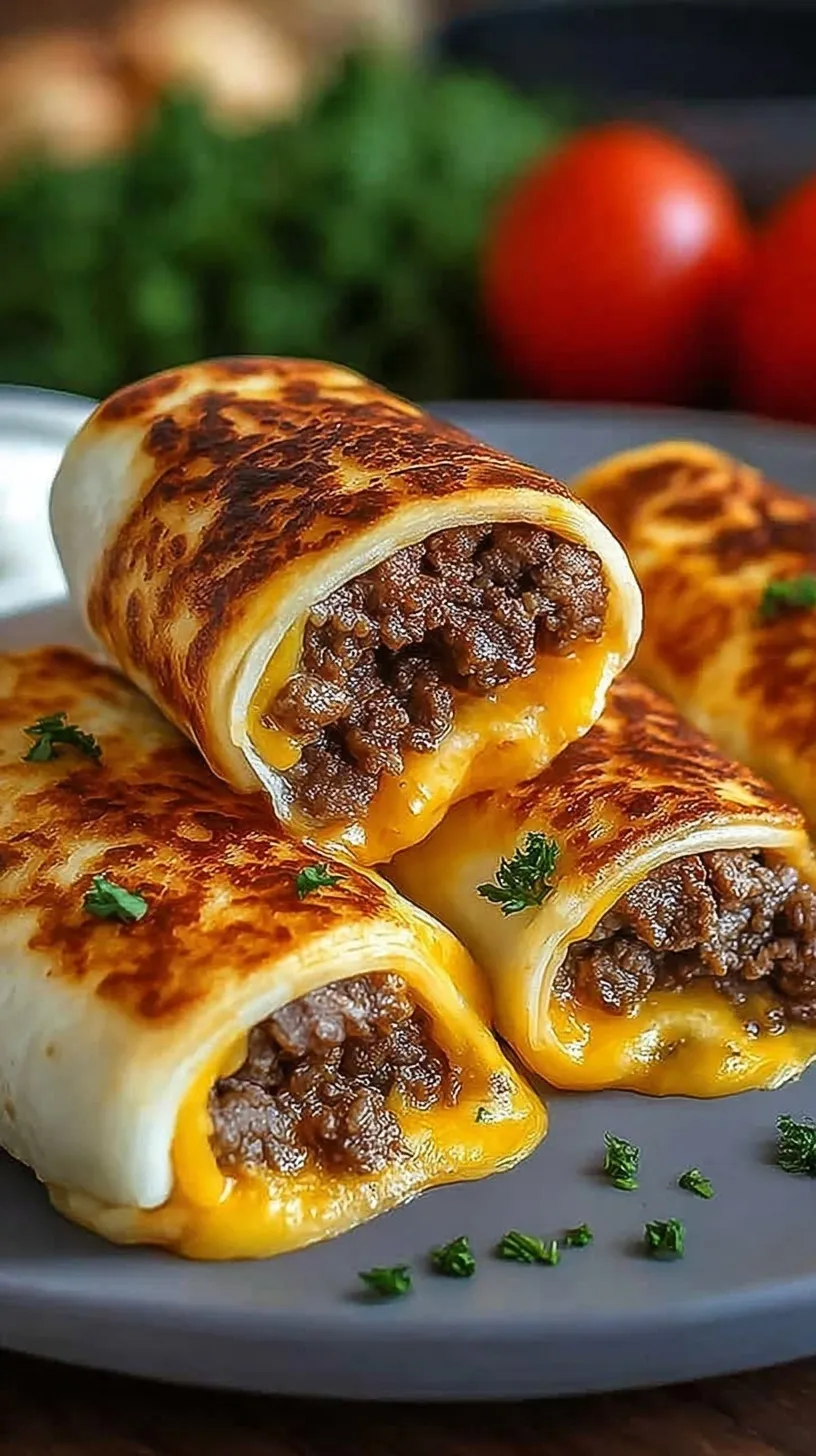 Golden brown cheeseburger rollups on a baking sheet brushed with garlic butter and parsley