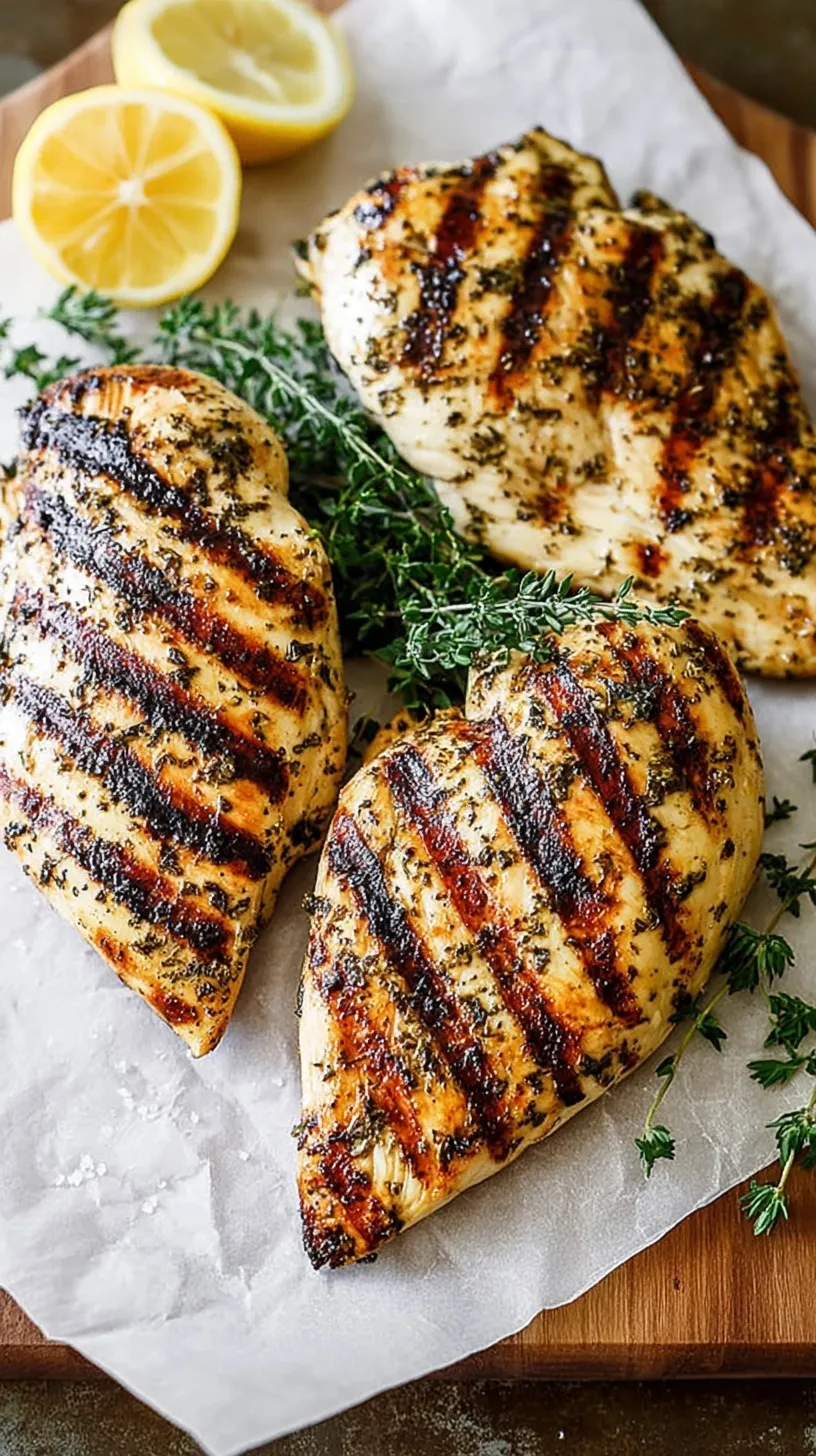 Golden brown grilled chicken breasts with char marks on a white plate with fresh herbs