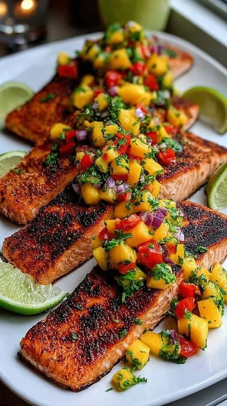 Grilled salmon fillet topped with colorful mango salsa on a white plate