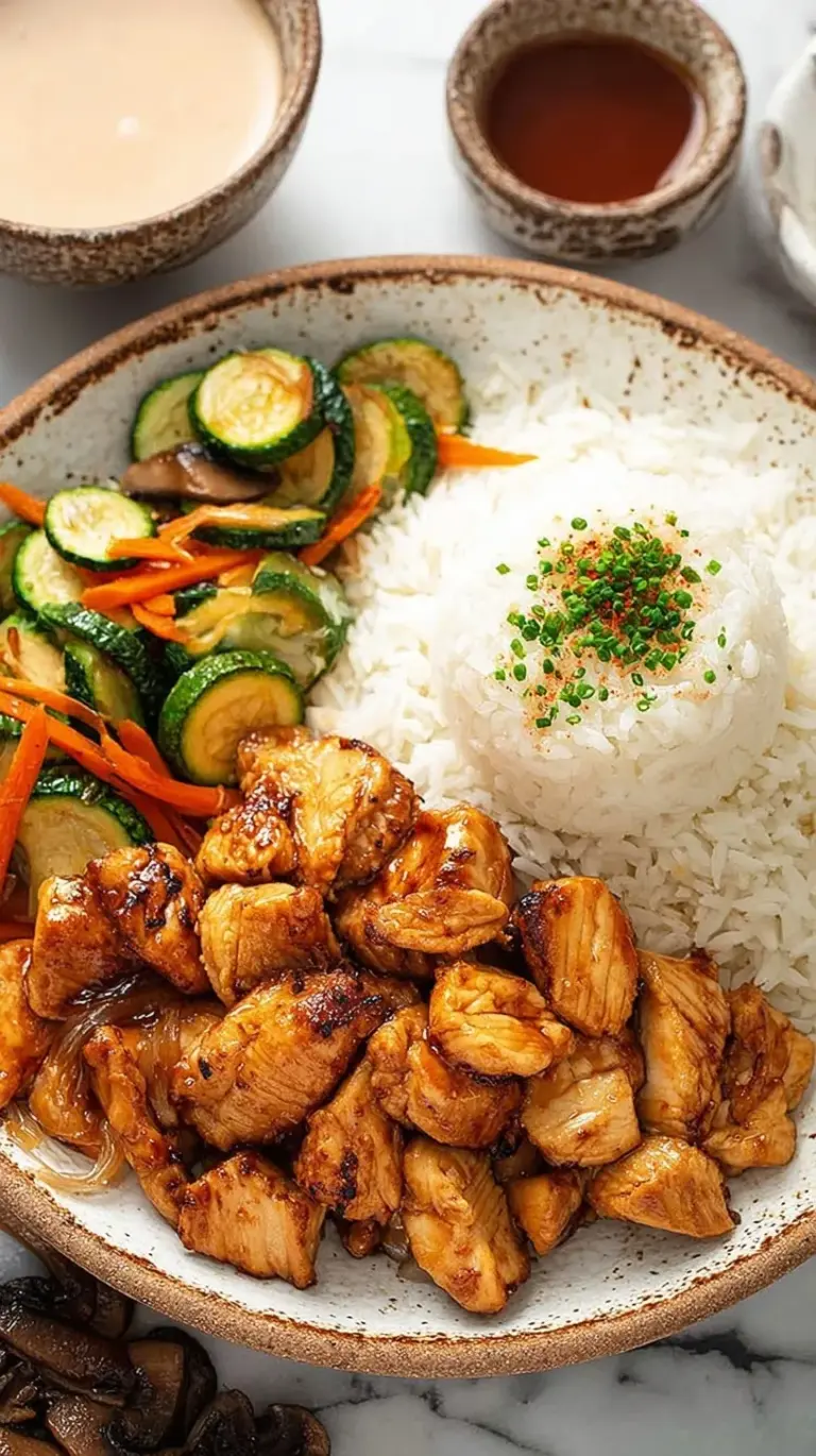 Golden brown seared hibachi chicken cubes garnished with green onions and sesame seeds in a pan