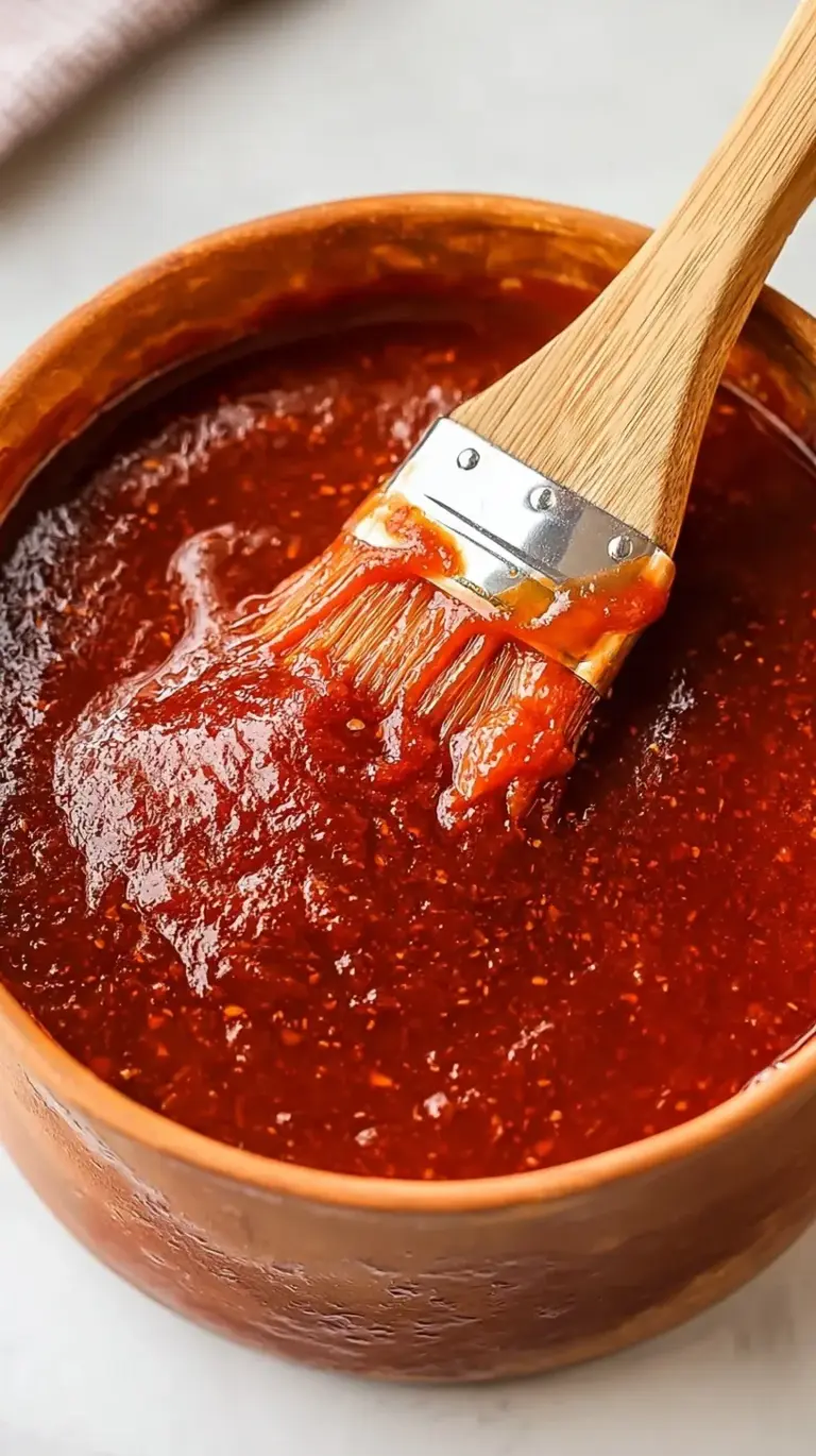 A glass jar filled with rich, reddish-brown homemade bbq sauce next to a wooden spoon.