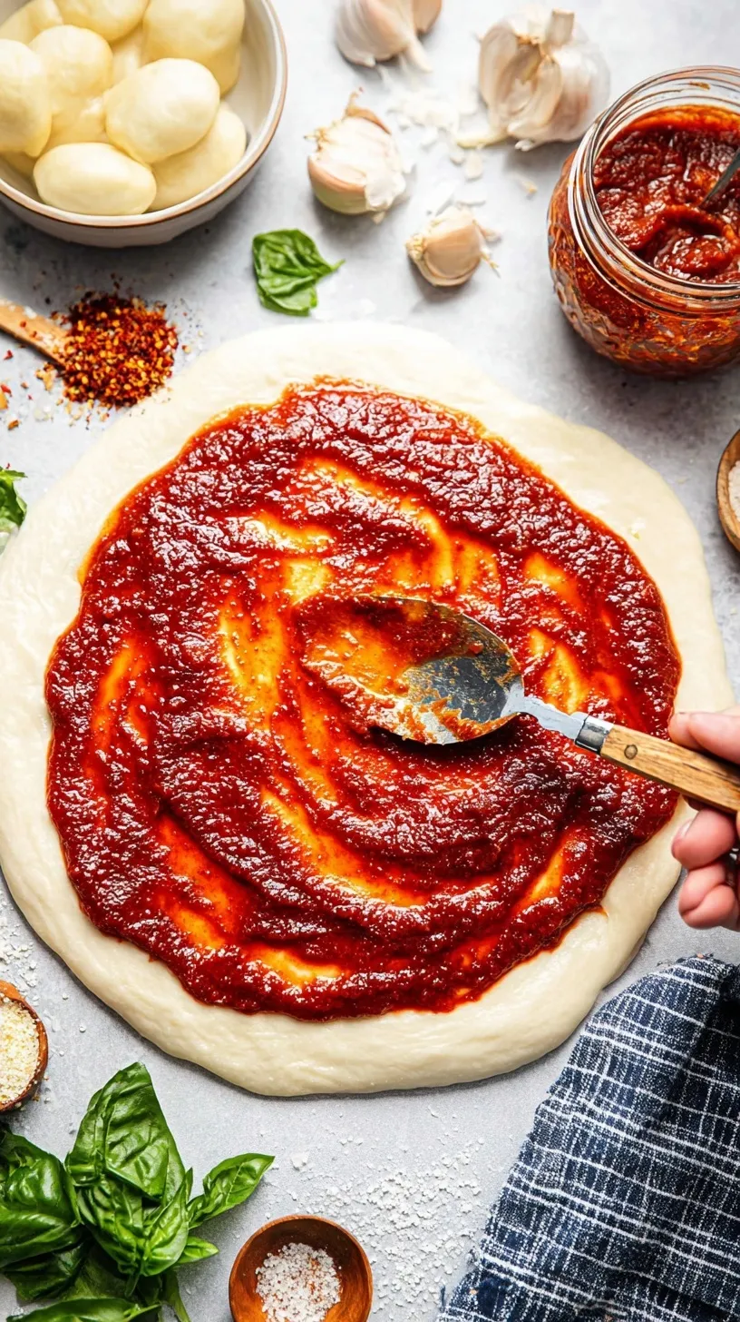 A small bowl of vibrant red pizza sauce with fresh herbs on a wooden table.