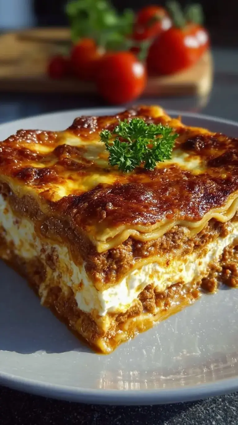 A golden, bubbly pan of easy lasagna with cottage cheese and melted mozzarella.