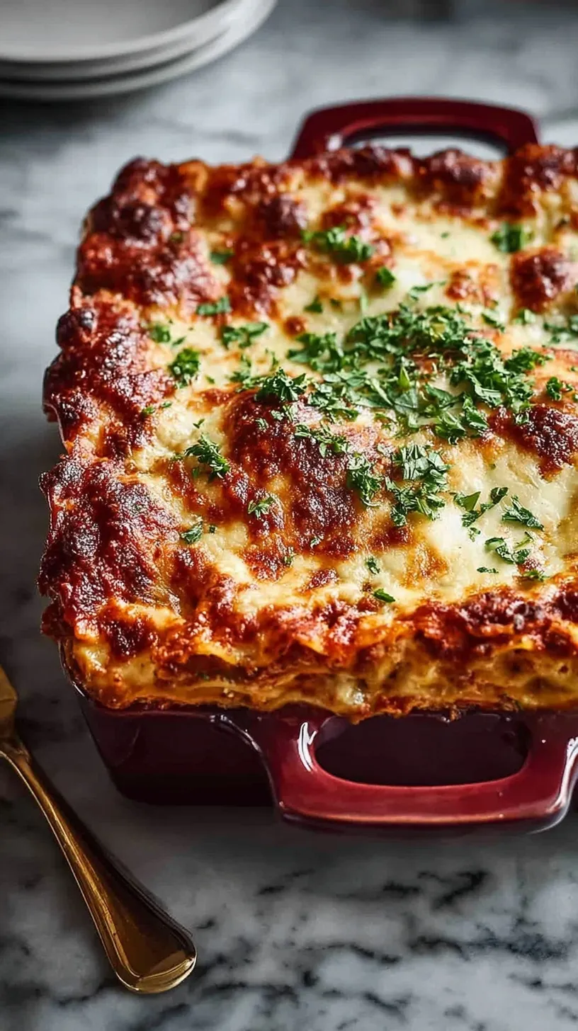 A close-up of a golden, bubbly easy lasagna in a white baking dish with melted mozzarella cheese.