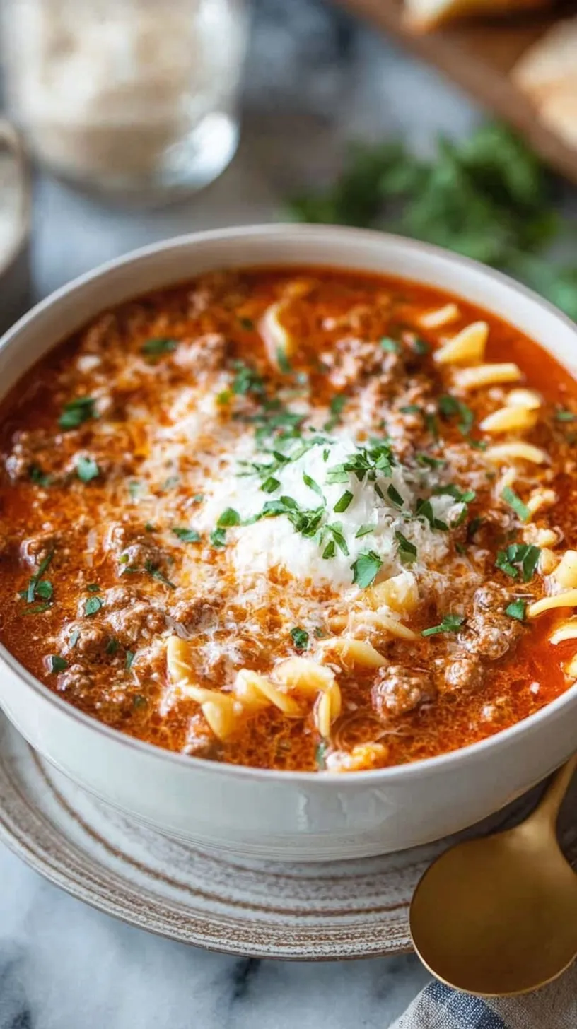 A steaming bowl of lasagna soup topped with a dollop of ricotta cheese and fresh parsley