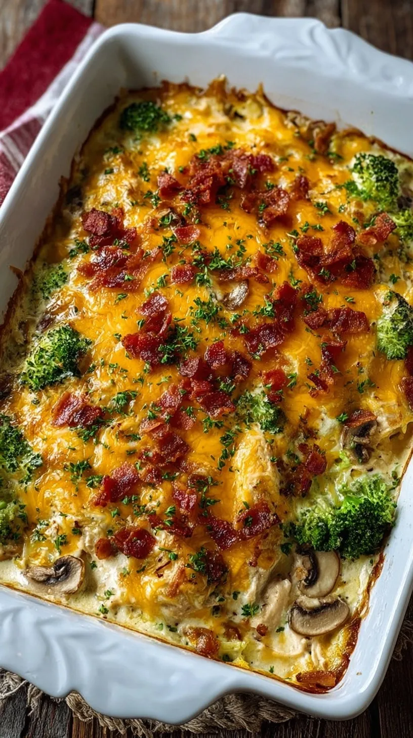 A bubbling low carb chicken casserole with melted cheddar cheese and broccoli florets in a white baking dish.