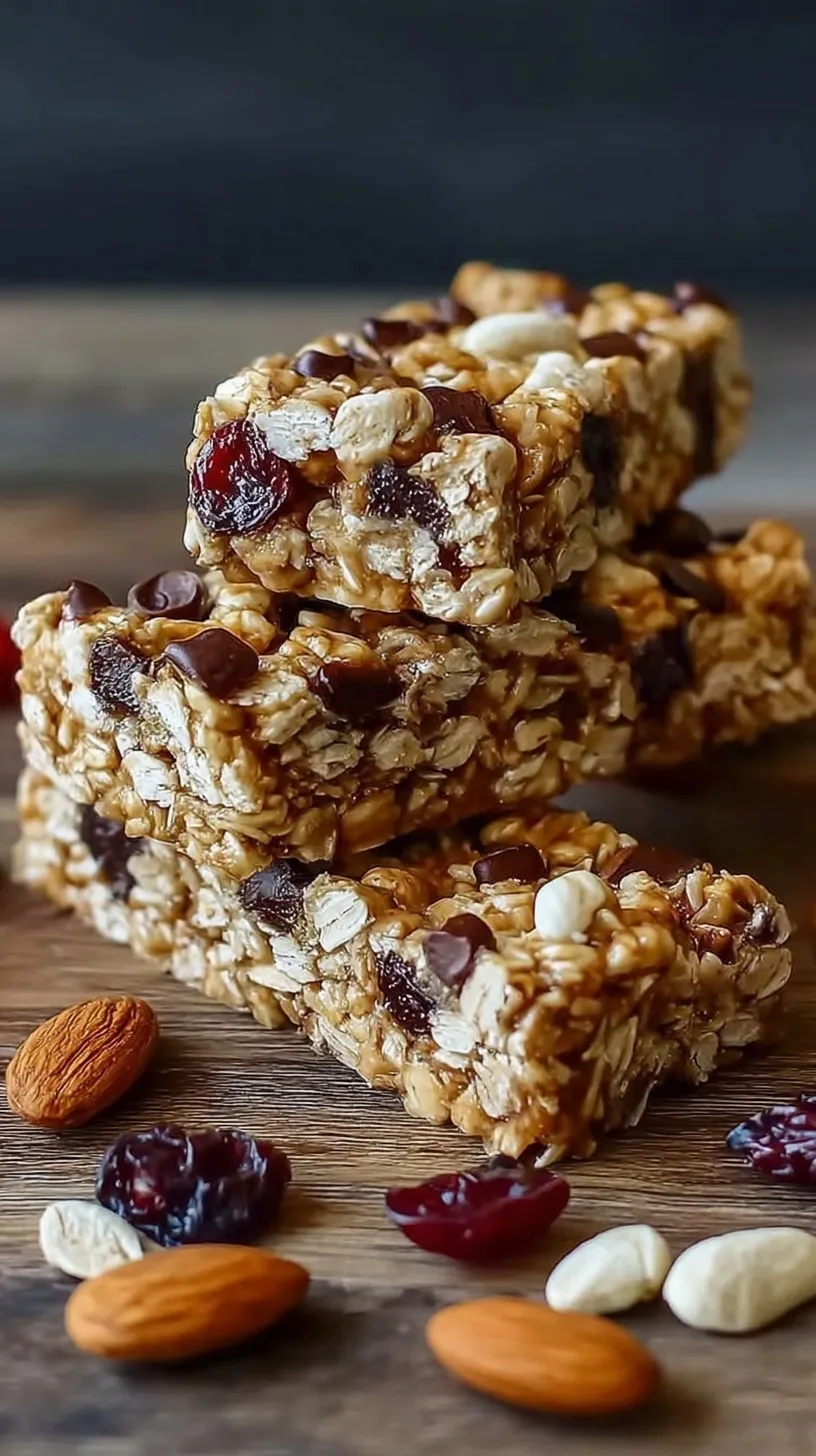 A stack of homemade no-bake protein granola bars with dark chocolate chips on parchment paper.