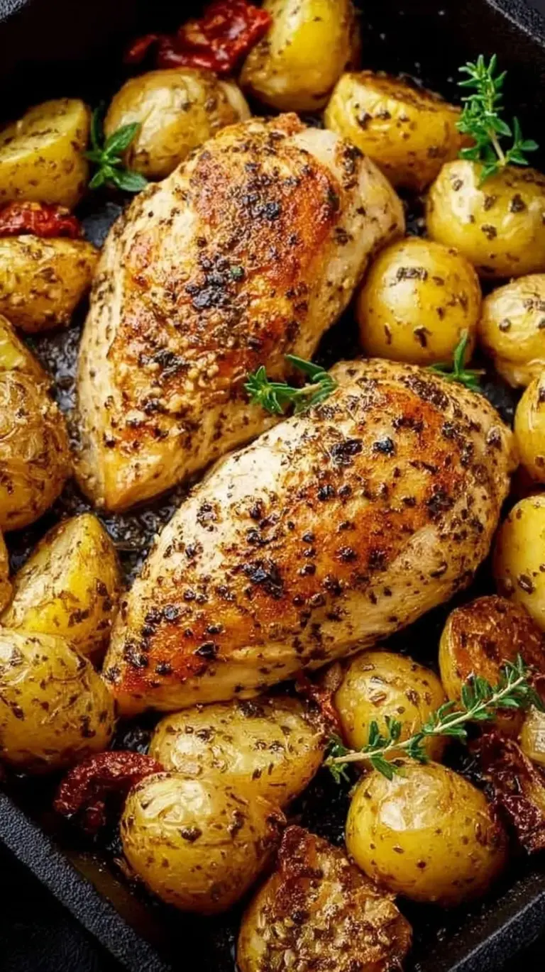 Golden roasted garlic parmesan chicken and red potatoes on a sheet pan with fresh parsley.