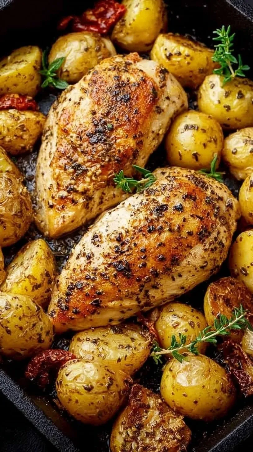 Golden roasted garlic parmesan chicken and red potatoes on a sheet pan with fresh parsley.