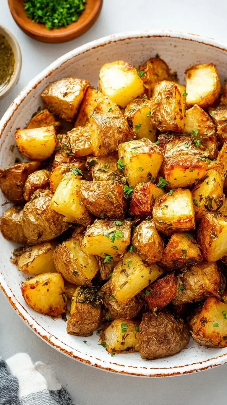 Golden brown cubed potatoes roasted with rosemary on a parchment-lined baking sheet.