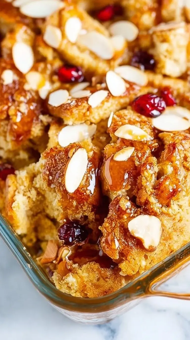 A golden brown overnight French toast bake with cinnamon crumble topping in a white dish.