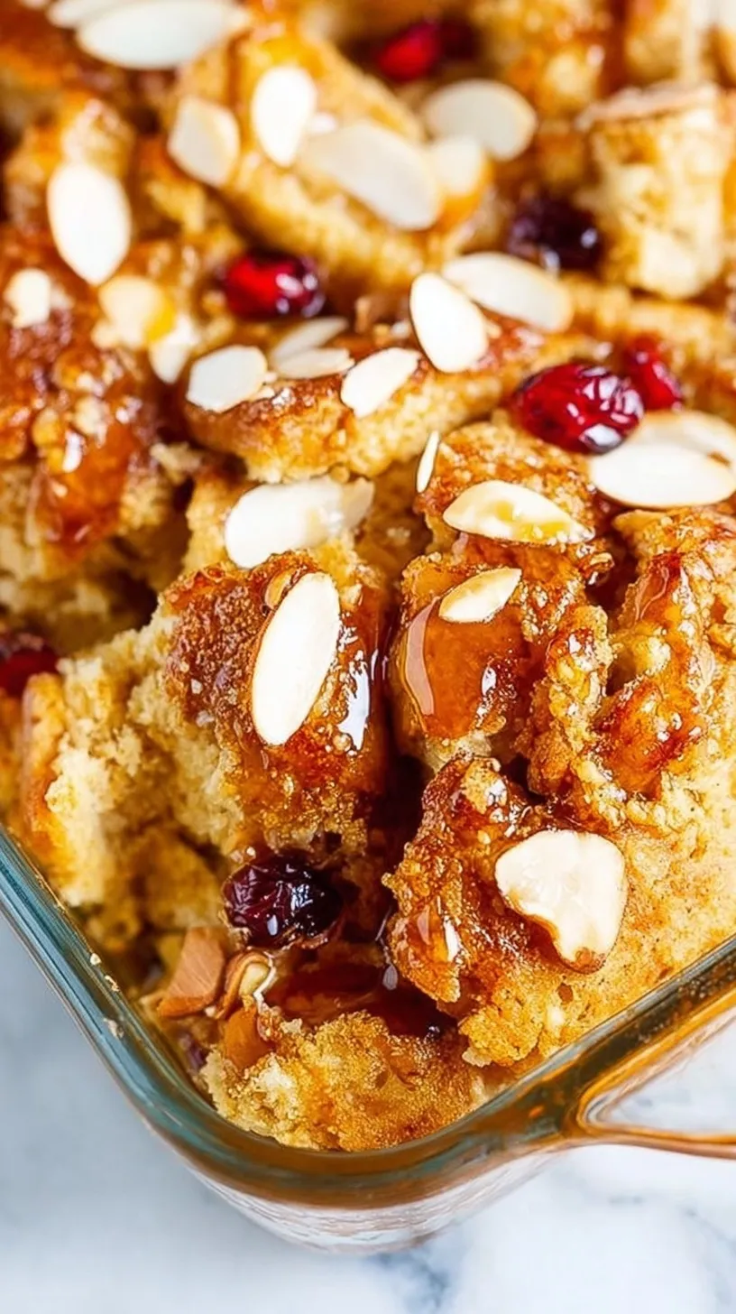 A golden brown overnight French toast bake with cinnamon crumble topping in a white dish.