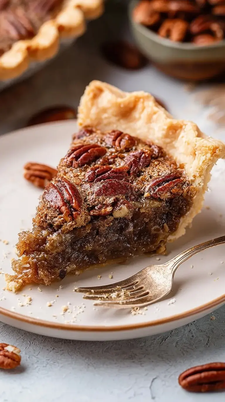 A golden brown pecan pie in a flaky crust topped with whole pecan halves