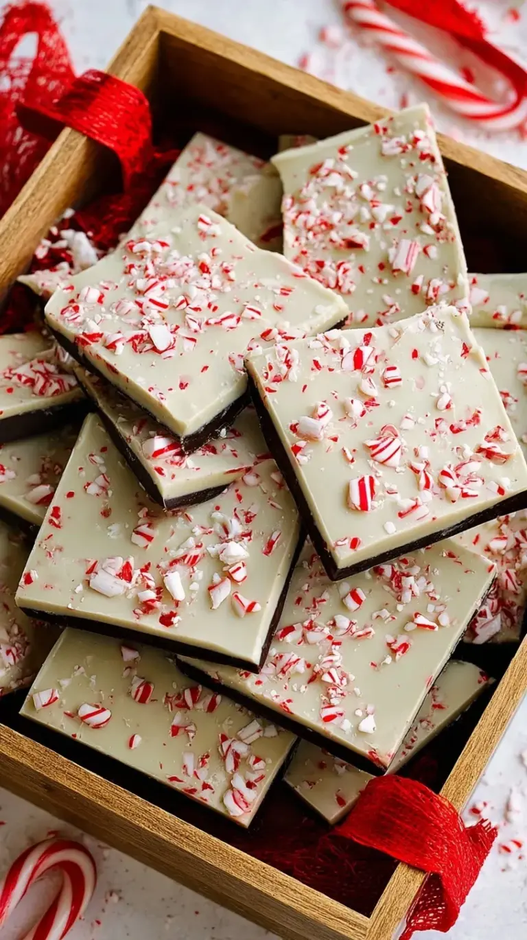 Layered dark and white chocolate peppermint bark topped with crushed candy canes on a parchment-lined tray
