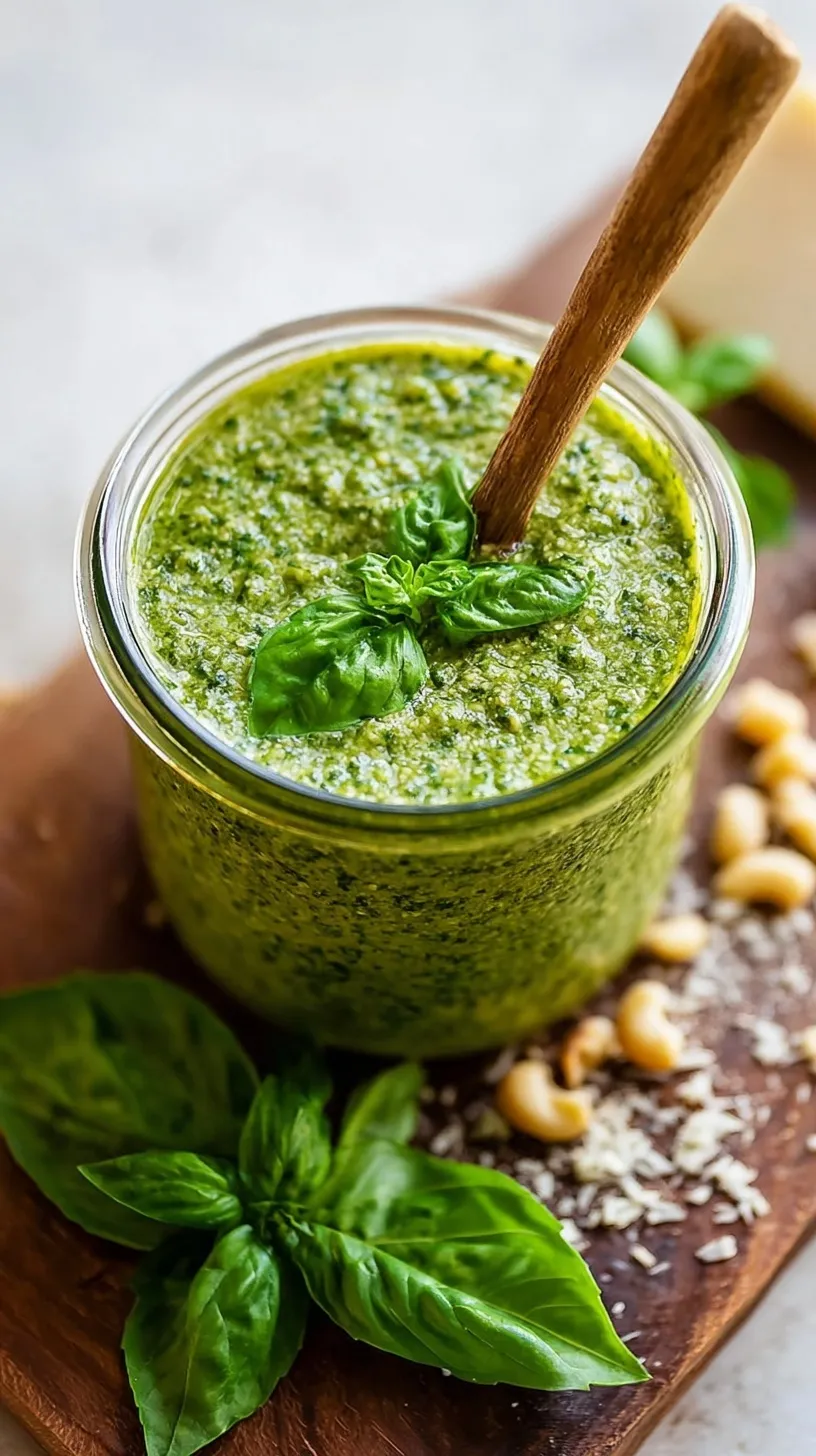 A vibrant green bowl of fresh pesto with basil leaves and pine nuts on a wooden table.