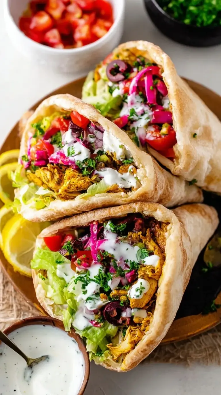 Warm pita pockets stuffed with spiced chicken shawarma, fresh tomatoes, cucumbers, and drizzled with tahini sauce.
