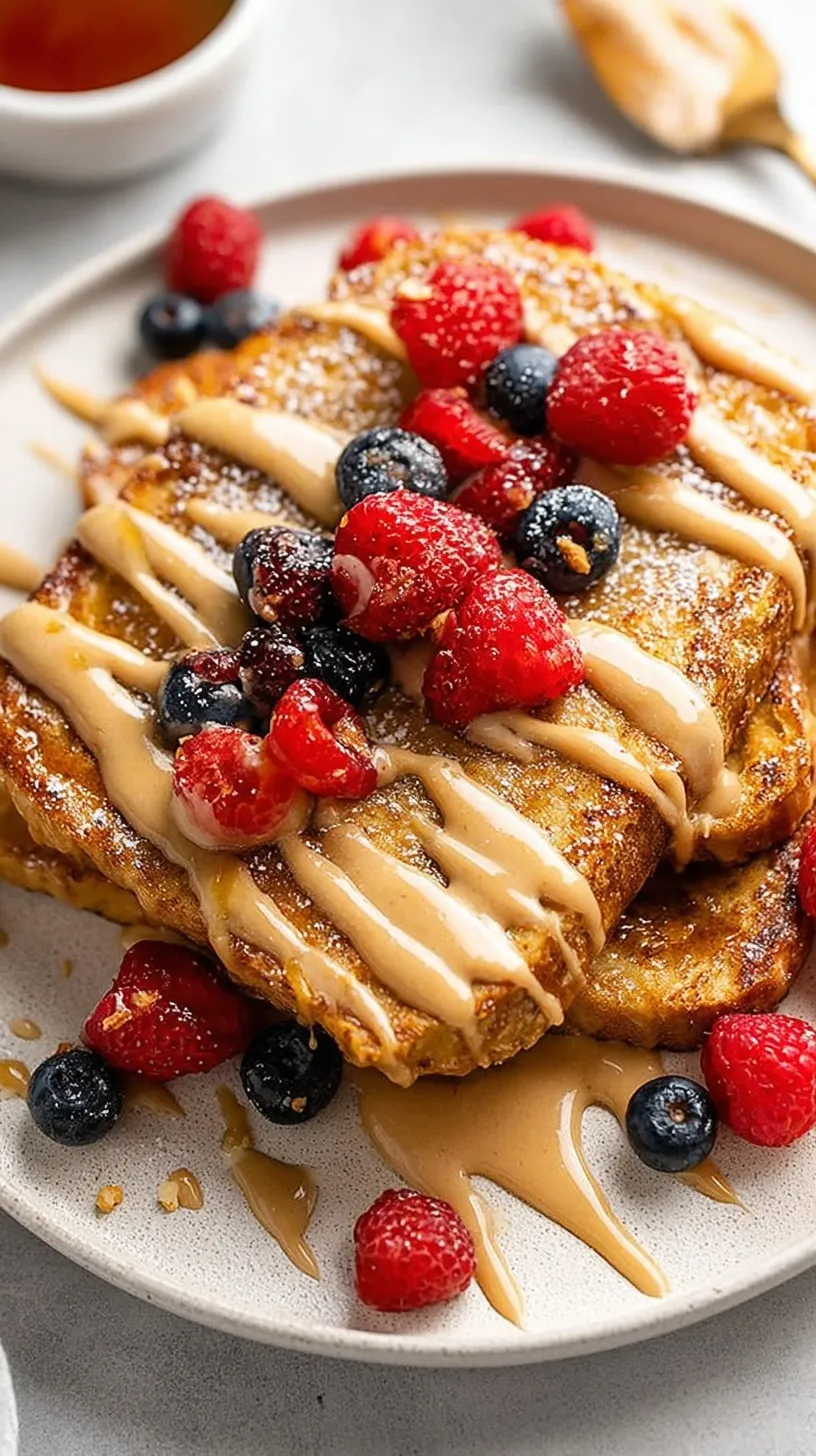 Golden brown protein french toast slices on a white plate with fresh berries