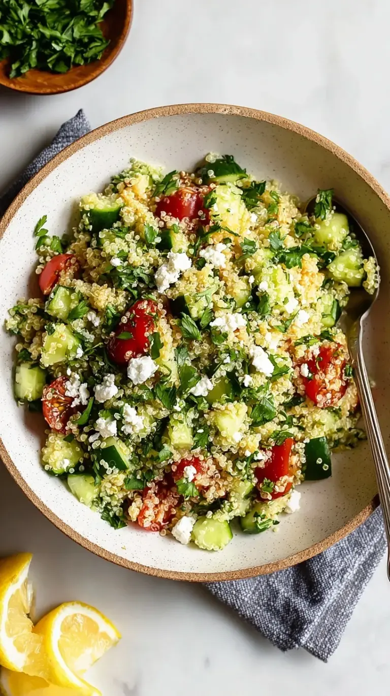 A vibrant bowl of quinoa salad with cherry tomatoes, cucumbers, and fresh parsley