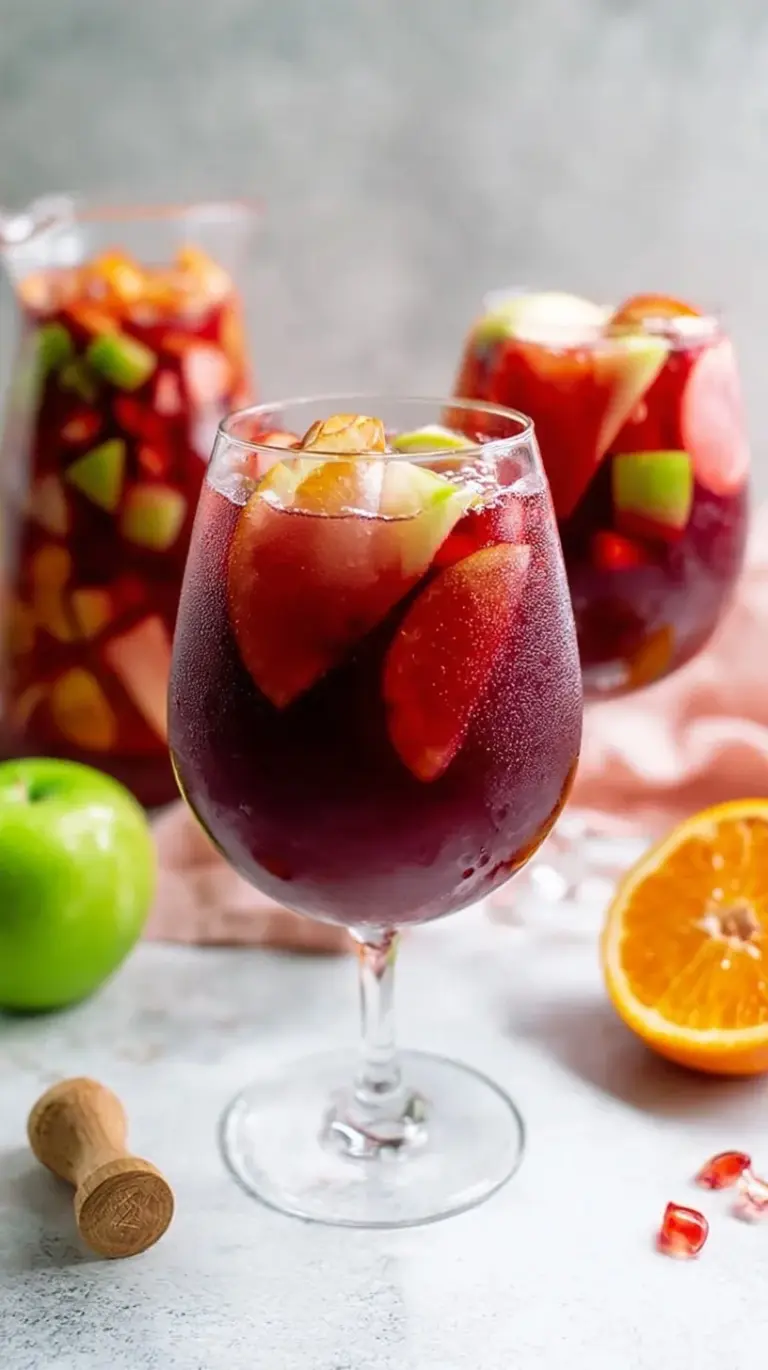A glass pitcher filled with deep red sangria, sliced oranges, lemons, and diced apples on a sunny outdoor table.