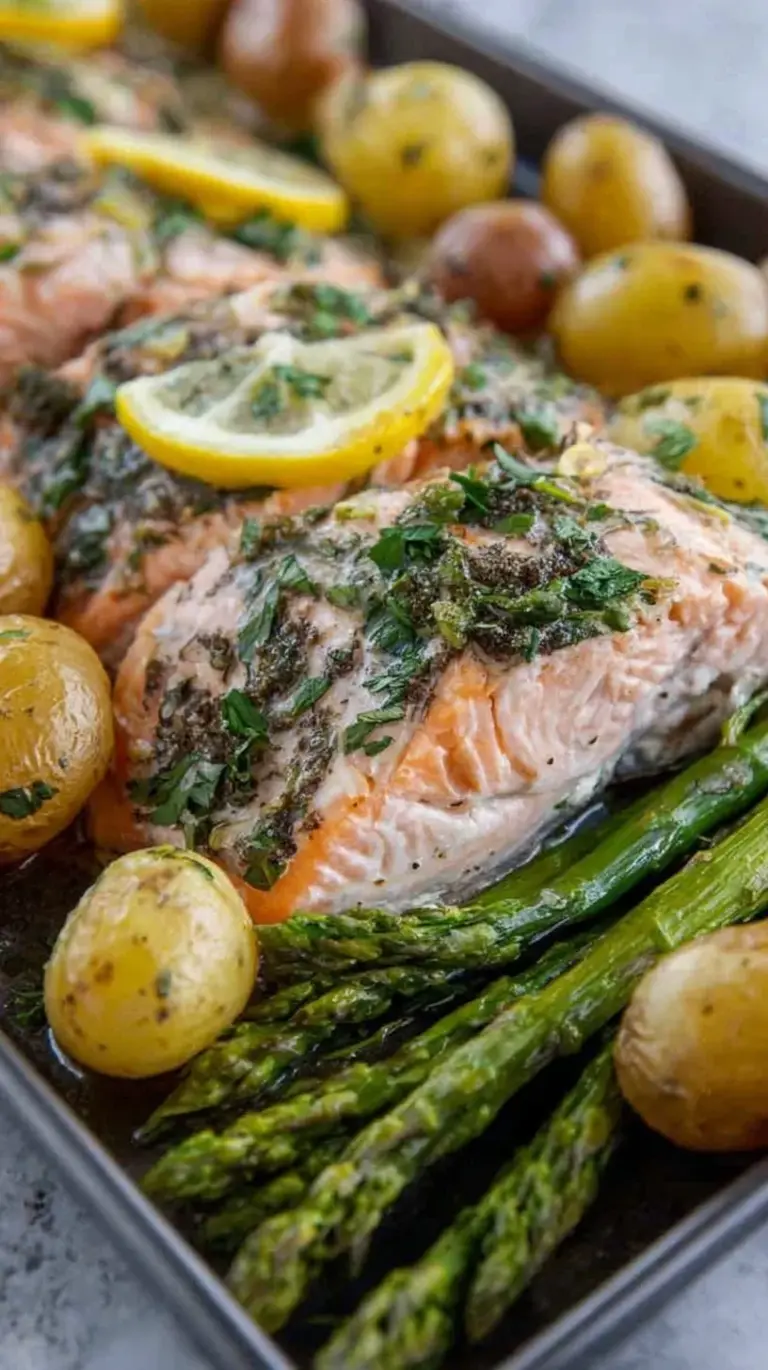 A sheet pan filled with roasted salmon fillets, golden potatoes, green broccoli, and fresh asparagus.