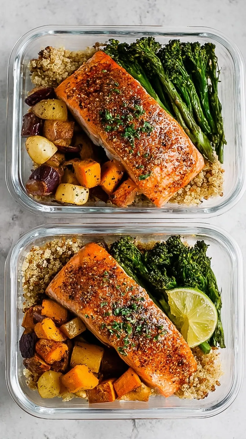 Four glass meal prep containers filled with roasted salmon, broccoli, sweet potatoes, and fluffy quinoa.