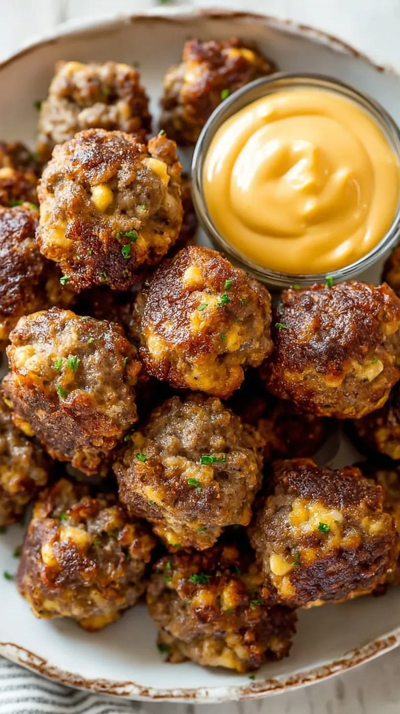 A platter of golden brown sausage balls served with a honey mustard dipping sauce