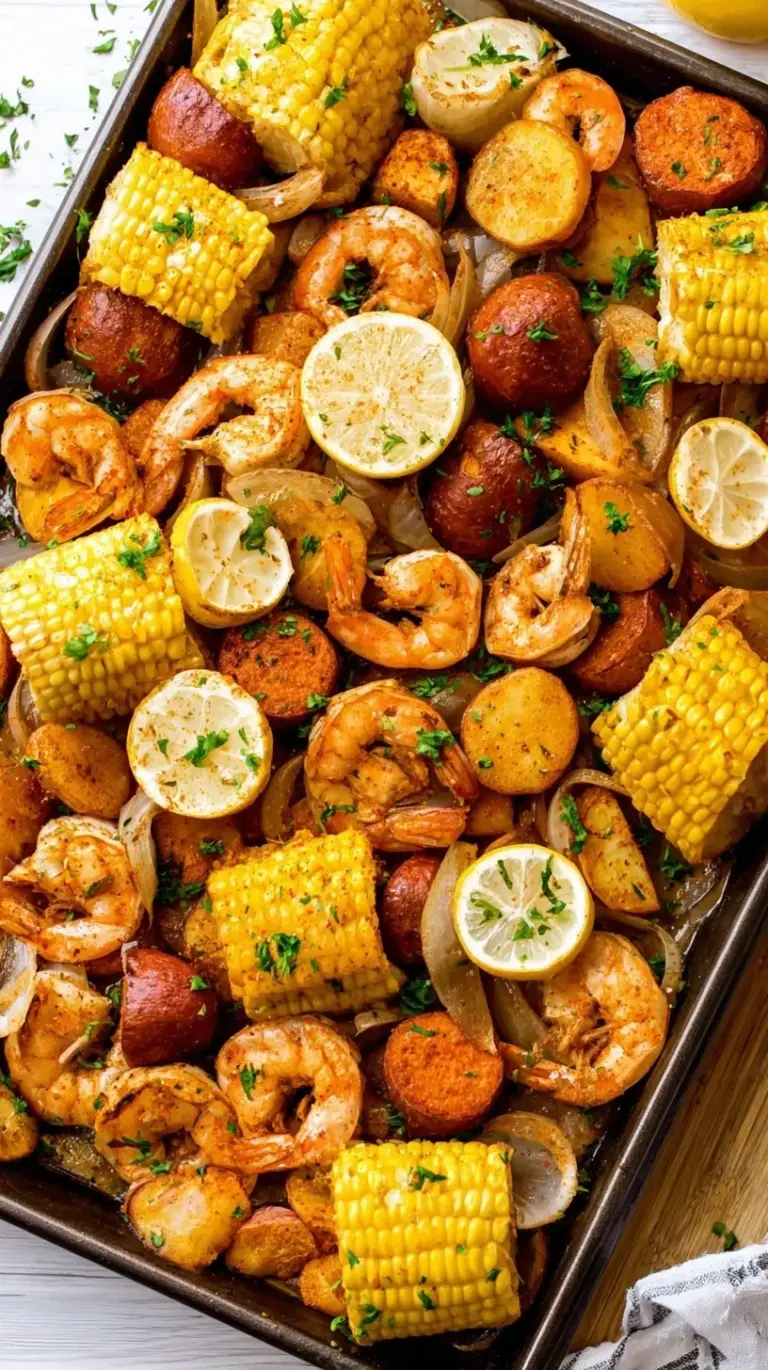 A colorful sheet pan shrimp boil with pink shrimp, golden corn, red potatoes, and lemon slices.