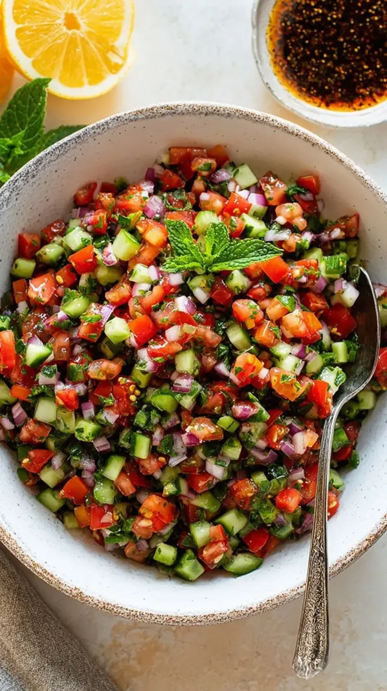 A bowl of finely diced cucumber, tomato, and red onion salad with dried mint and lime dressing.