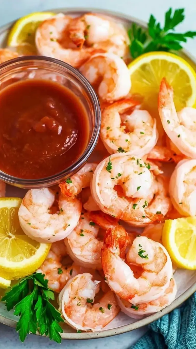 Chilled poached shrimp arranged around a bowl of zesty red cocktail sauce with lemon wedges.