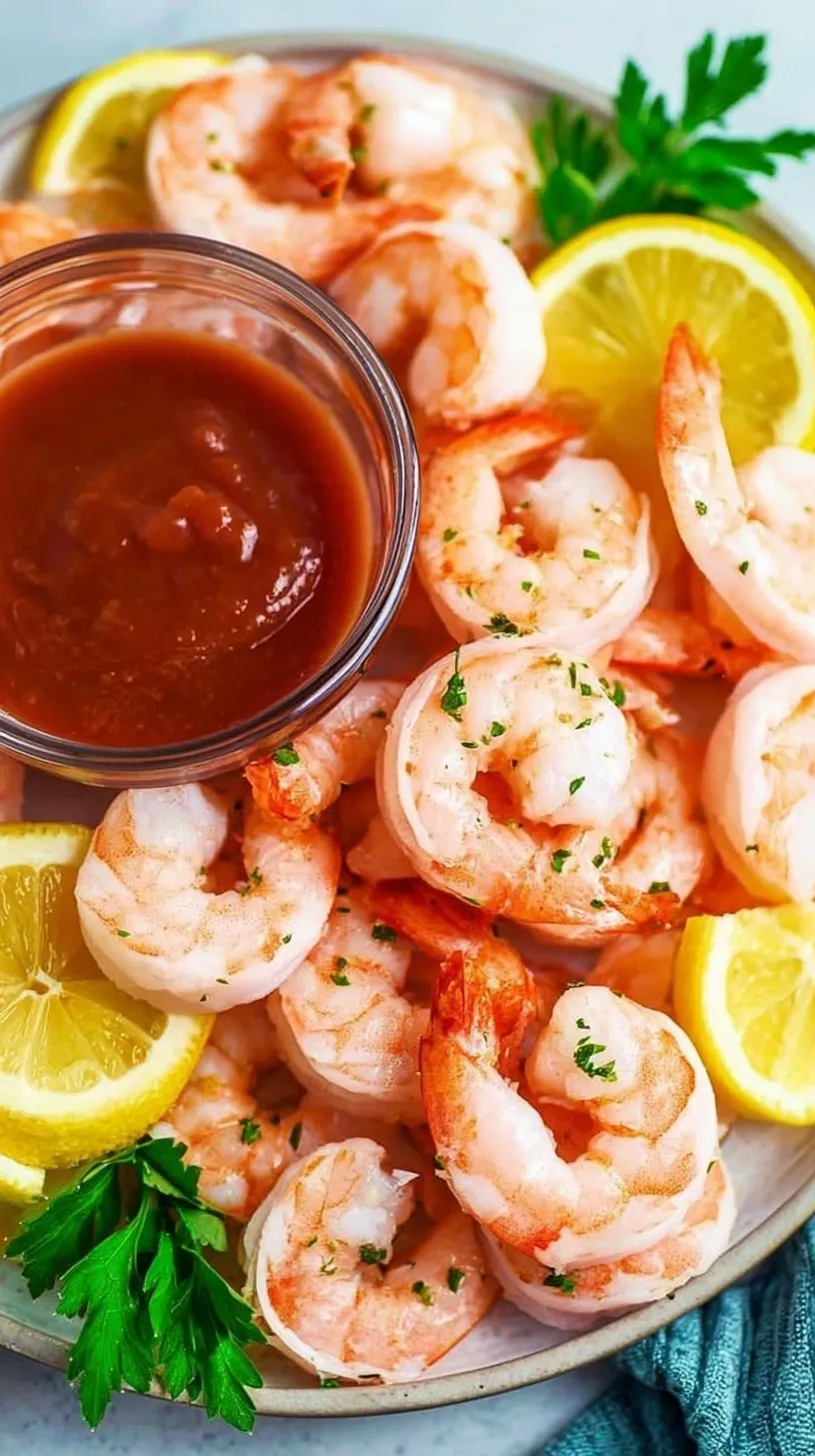 Chilled poached shrimp arranged around a bowl of zesty red cocktail sauce with lemon wedges.
