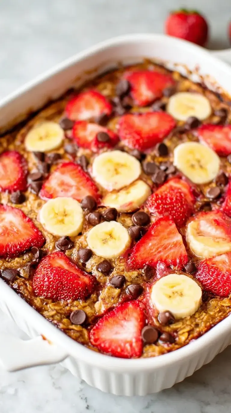 A golden brown baking dish of strawberry banana baked oatmeal topped with fresh berry slices